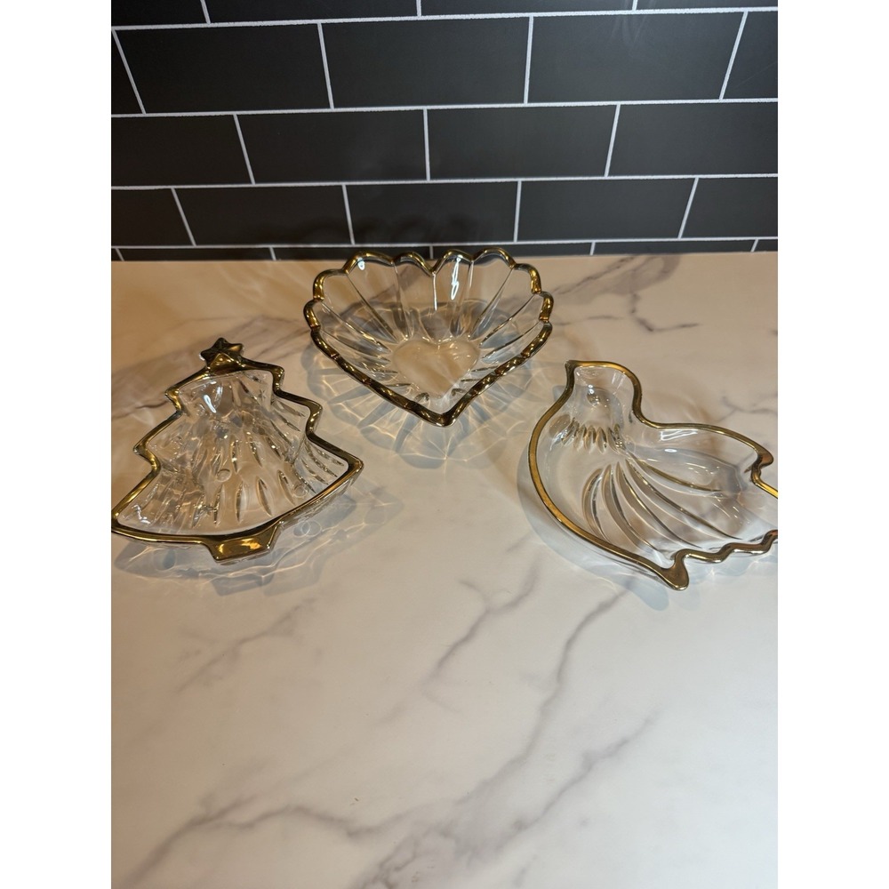 Vintage Gold Trim Glass Christmas Dishes Heart Dove Tree Set of 3 Holida - Picture 2 of 10